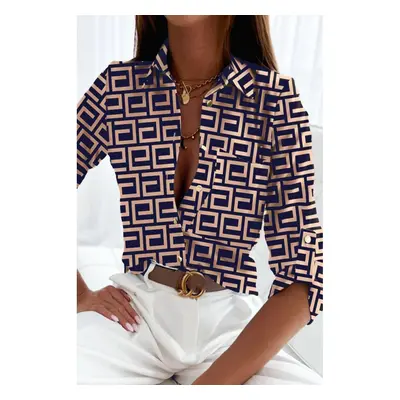 Elegante Blusa Con Estampado Geométrico Lavlenta, Beige-Azul