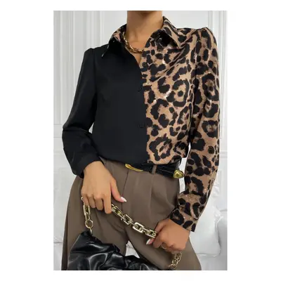 Camisa Elegante Con Estampado De Leopardo, Negro/Leopardo