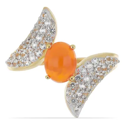 Anillo de Plata Bañada en Oro con Ópalo Naranja de Lega Dembi y Topacio Blanco, Talla: Talla Ø 1