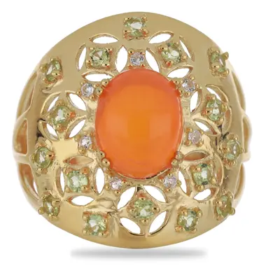 Anillo de Plata Bañada en Oro con Ópalo Naranja de Lega Dembi y Peridoto de Changbai, Talla: Tal