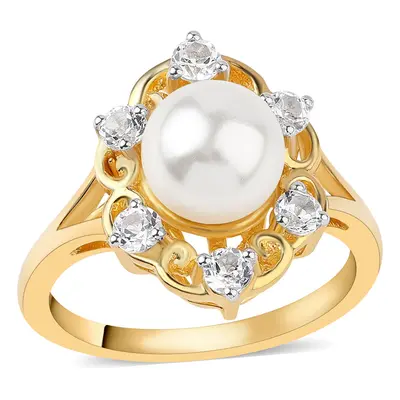 Anillo de Plata Bañada en Oro con Perla blanca de agua dulce y Topacio Blanco, Talla: Talla Ø 18