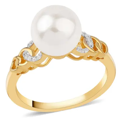 Anillo de Plata Bañada en Oro con Perla blanca de agua dulce y Topacio Blanco, Talla: Talla Ø 18