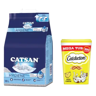 Catsan 18 l arena absorbente + Catisfactions 2 x 350 g: ¡15 % de descuento! - Hygiene Plus + Cat