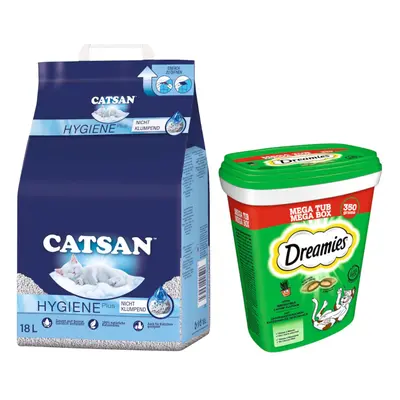 Catsan 18 l arena absorbente + Catisfactions 2 x 350 g: ¡15 % de descuento! - Hygiene Plus + Cat