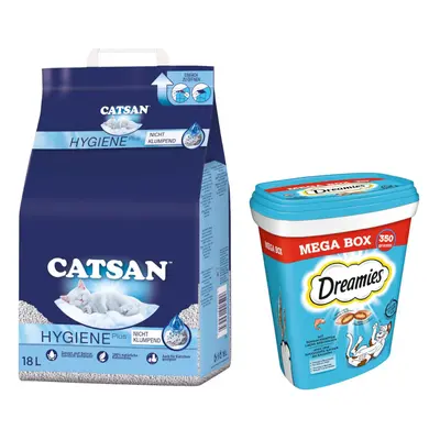 Catsan 18 l arena absorbente + Catisfactions 2 x 350 g: ¡15 % de descuento! - Hygiene Plus + Cat