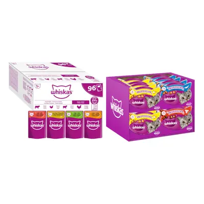 Whiskas 96 x 85 g comida húmeda + 16 x 60 g snacks: ¡15 % de descuento! - 1+ años Selección clás