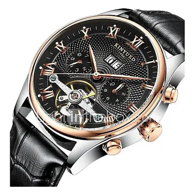 KINYUED Hombre Reloj de Vestir Reloj Esqueleto Reloj de Pulsera El reloj mecánico Calendario Cro