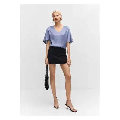 MANGO - Blusa satinada manga corta azul celeste - Mujer