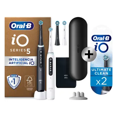 Oral-B iO 5 Pack Doble de Cepillos Eléctricos Blanco y Negro con 4 + 2 Recambios