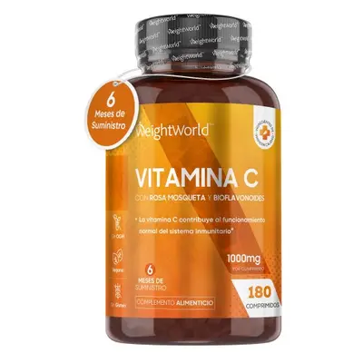 Vitamina C con Rosa Mosqueta y Bioflavonoides - 1000mg 180 Comprimidos - Ácido Ascórbico Reduce 