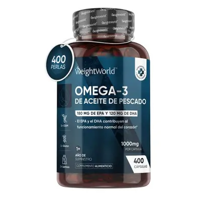 Aceite de Pescado Omega-3 | 1.000 mg por dosis | 400 Cápsulas blandas con EPA y DHA para favorecer la salud del cerebro y corazó