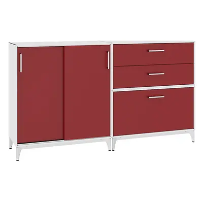 Mauser Mueble bajo, puertas correderas, 3 cajones, blanco puro / rojo rubí