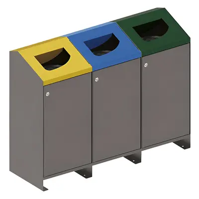 PROCITY Recipiente para separar materiales en exteriores Berlin, 3 x 100 l, tapa amarilla/azul/v