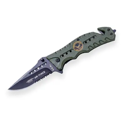 Navaja de rescate JKR Air Force, hoja sierra de acero inox de 8,5 cm, largo total 19,8 cm, mango de aluminio, con funda de nylon