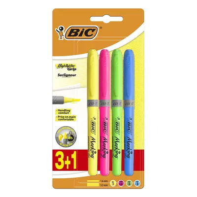 Bic highlighter grip pack de 4 marcadores fluorescentes - tinta con base de agua - punta biselada - trazo entre 1.60 y 3.30mm - 