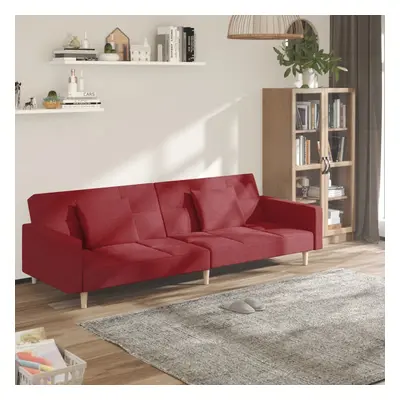 vidaXL Sofá cama de 2 plazas con dos almohadas tela rojo vino tinto