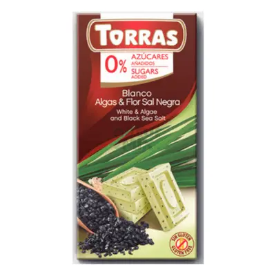 Chocolate blanco con algas y sal marina negra, sin azúcar, 75 g, Torras