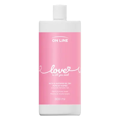 Loción de baño y gel de ducha On Line Love 2 en 1, peonía y agua de rosas, 900 ml