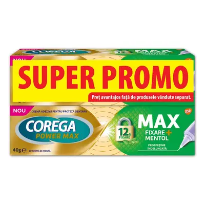 Max Fixation + crema adhesiva para dentaduras postizas, Mentol, 2 x 40 g, Corega