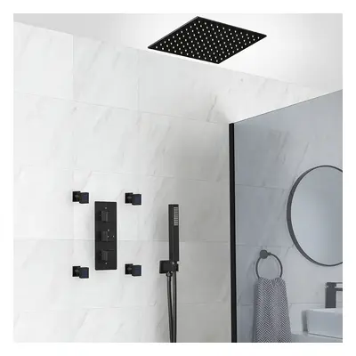 Conjunto de Ducha Termostático Negro con Desviador, Alcachofa Empotrable, Telefonillo y Jets Hid