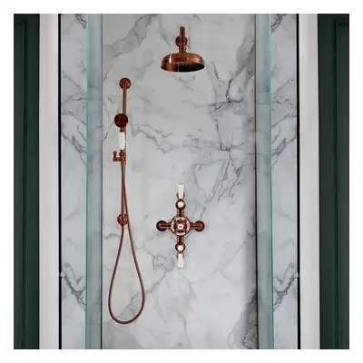 Columna de Ducha Tradicional - Barra Deslizante, Mezclador Termostático Expuesto - Cobre Satinado - Alcachofa (2 Salidas)