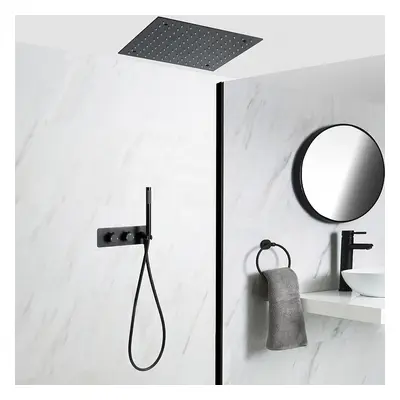 Llave de Ducha Termostática Negra con Desviador, Alcachofa Empotrable y Telefonillo