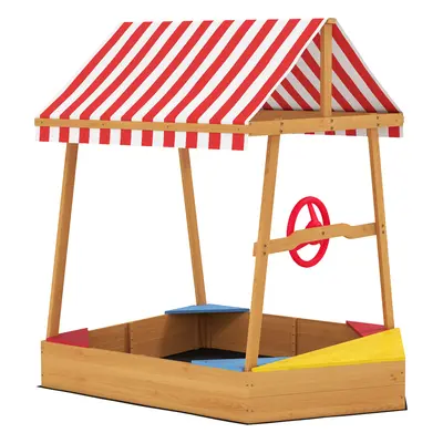 AIYAPLAY Arenero Infantil de Madera en Forma de Barco con Toldo Ajustable Timón y Forro de Base para Juegos al Aire Libre Natura