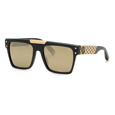 Philipp Plein Unisex SPP080 PLEIN BADGE ! 700G Gafas de sol Acetato Negro Marrón Cuadrada Normal Espejo